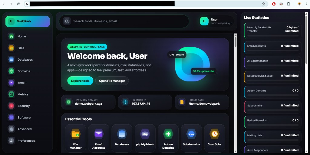 WebPark cPanel dashboard on a live demo server — home, tools, and live statistics